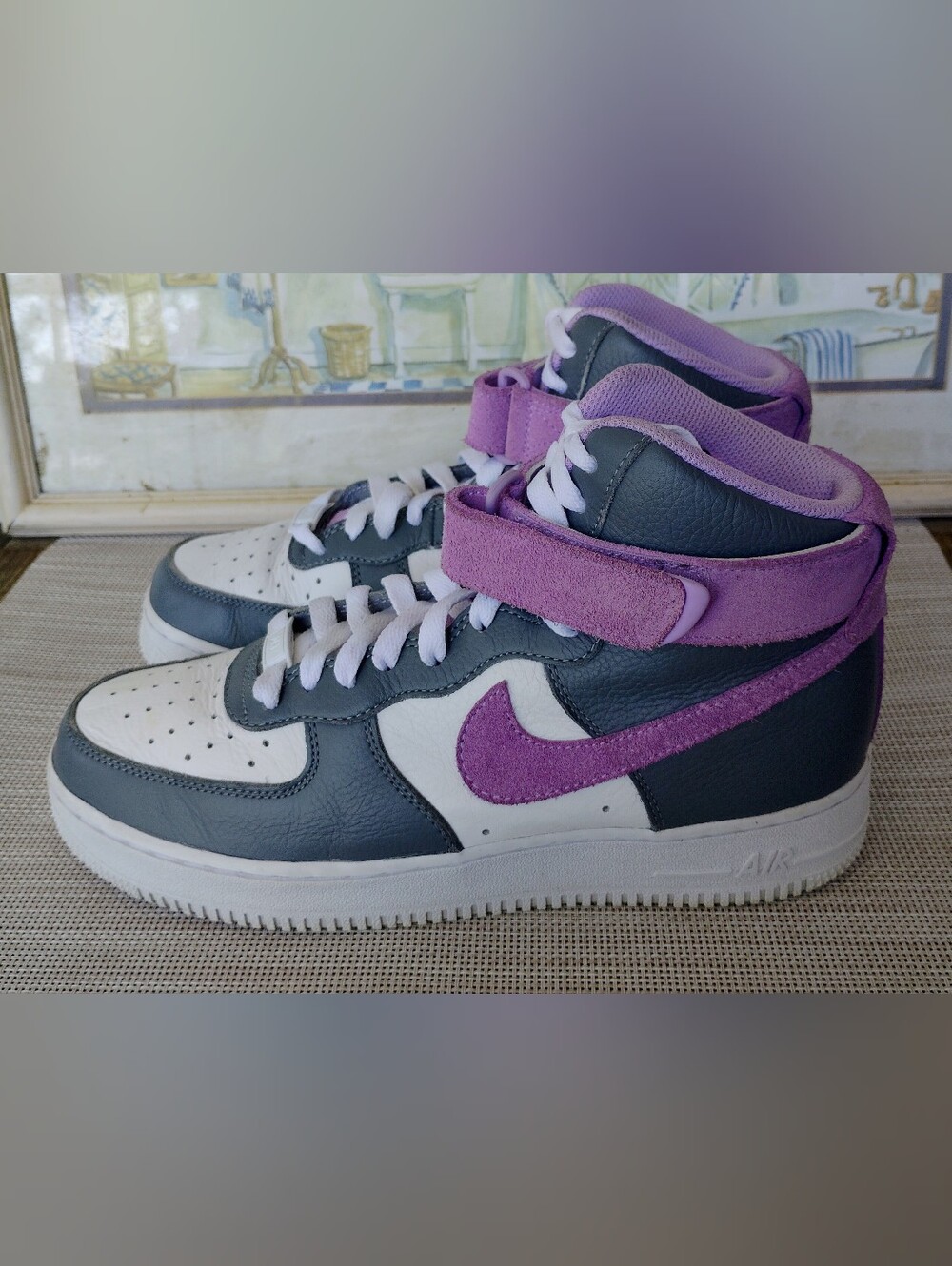 Custom Nike "Air Force 1" Grey/White Leather/Lavender Suede Sneakers. Size 9.